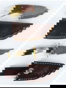 Two Custom Handmade Damascus Steel Knives with Leather Sheaths