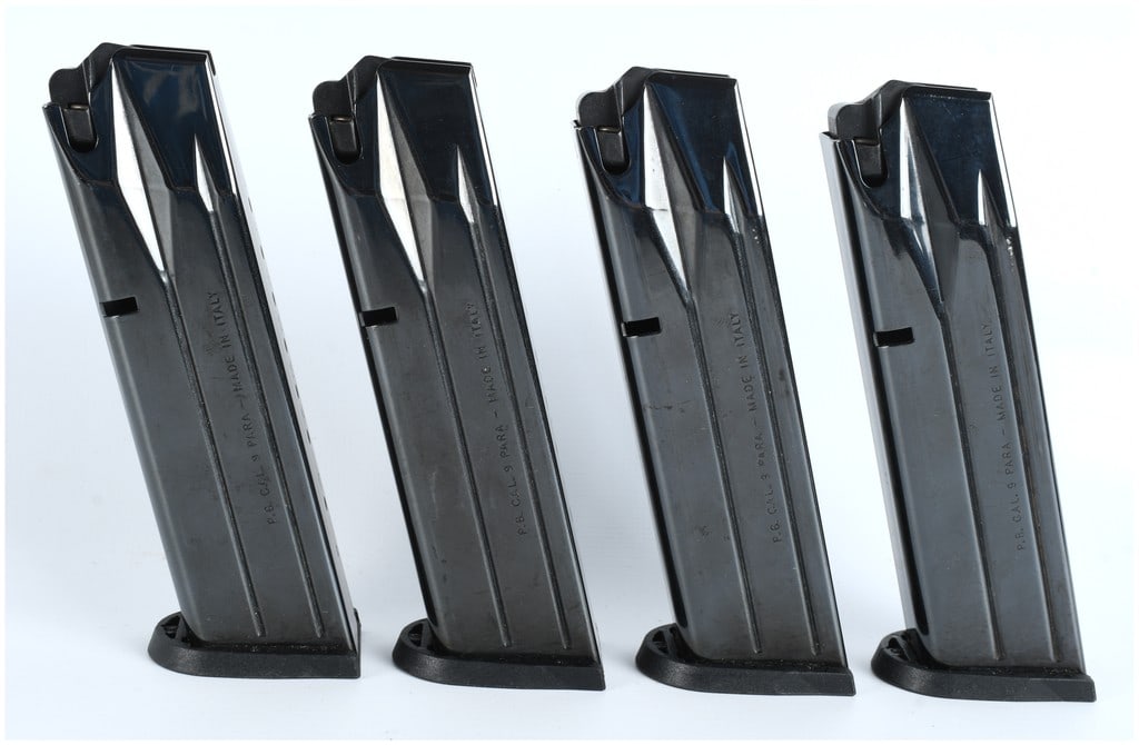 Beretta P.B. Factory 9mm 17-Round Pistol Magazines (Lot of 4) Modern Era: Lot of four (4) factory original detachable box magazines manufactured by Pietro Beretta (P.B.) in Italy. These high-capacity double-stack magazines are chambered for 9mm Parabellum (9 PARA) and are d