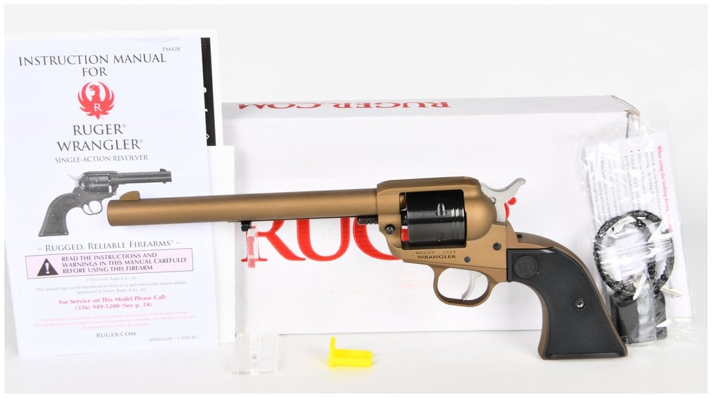 Ruger Wrangler Single-Action Revolver, Burnt Bronze Cerakote, .22 LR, c. 2022: This lot features a Ruger Wrangler single-action revolver chambered in .22 LR, manufactured by Sturm, Ruger and Company, Inc. in Prescott, Arizona. The firearm is equipped with a 7 1/2-inch barrel and