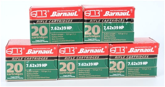 Barnaul 7.62x39 HP Rifle Ammunition Lot of 100 Rounds, Early 21st Century