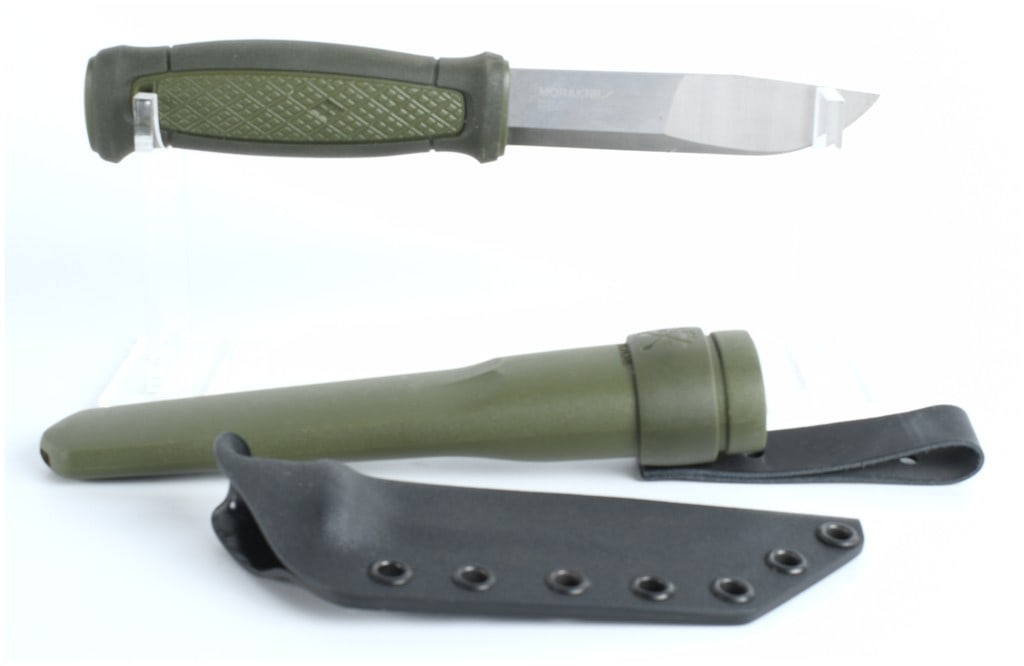 Morakniv Fixed Blade Outdoor Knife Kit with Multi-Mount Sheath System, Contemporary: A robust, modern fixed-blade knife manufactured by Morakniv in Sweden. This lot consists of one knife and two associated sheath components, presented as a specialized outdoor or bushcraft kit. The kni
