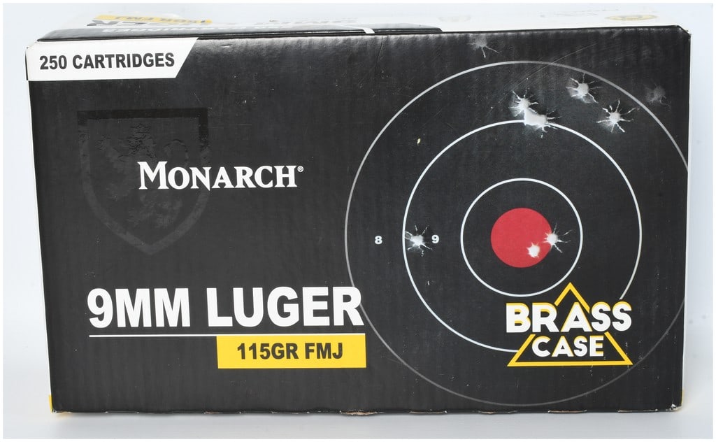 A Lot of 250 Monarch 9mm Luger 115 Grain FMJ Ammunition: This lot consists of a bulk quantity of Monarch brand 9mm Luger centerfire ammunition, totaling 250 cartridges. Each round is configured with a 115-grain Full Metal Jacket projectile seated in a reloa