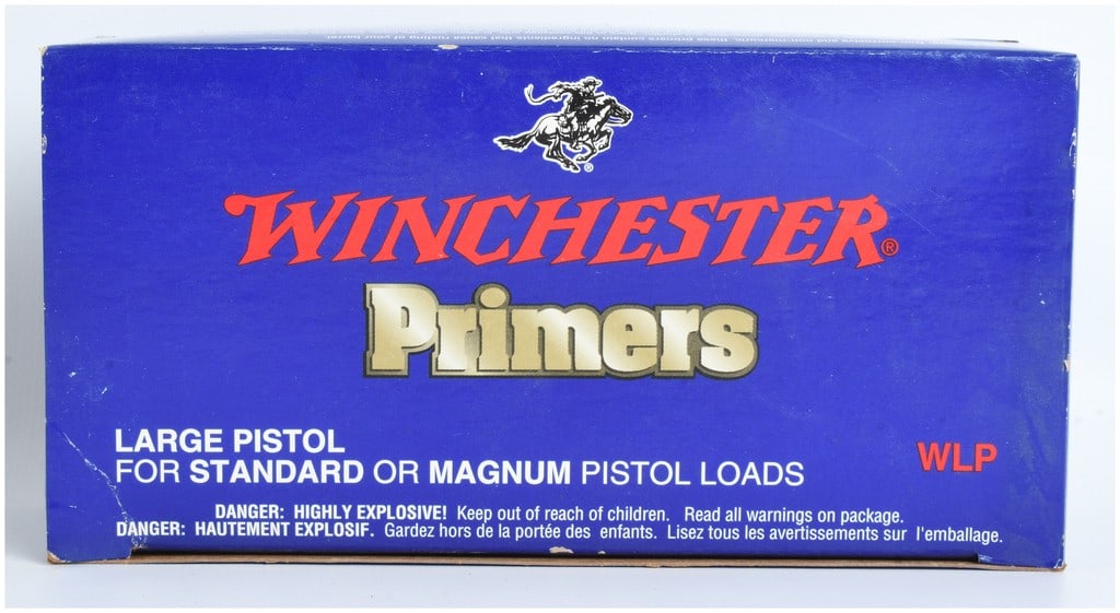 Winchester Large Pistol Primers WLP 1000 Count: This lot consists of a bulk quantity of Winchester Large Pistol (WLP) primers, specifically designed for use in both standard and magnum pistol loads. These centerfire primers are a critical component