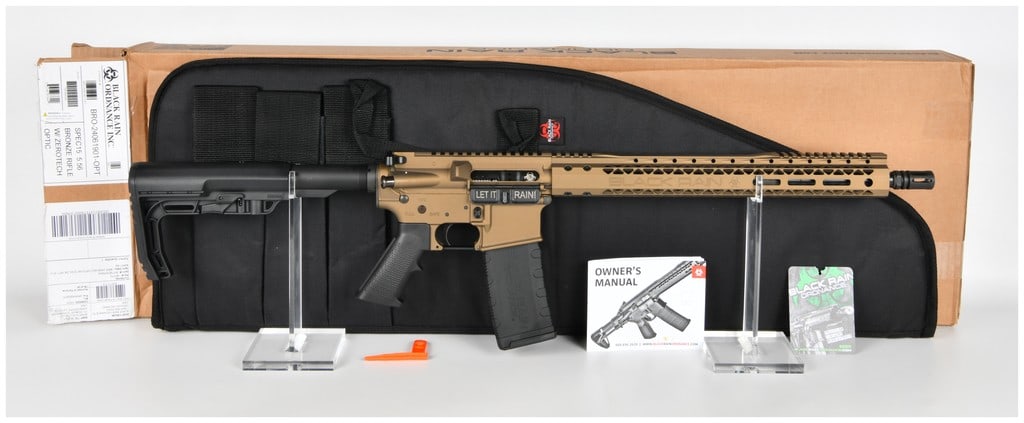 Black Rain Ordnance Spec 15 Semi-Automatic Rifle 5.56mm NATO with 16 Inch Barrel: This Black Rain Ordnance Spec 15 semi-automatic rifle is chambered in 5.56mm NATO and configured as a modern sporting carbine. The firearm features a 16-inch barrel with a 1:8 twist rate and is