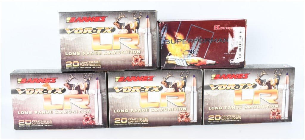 A Lot of 5 Boxes of Barnes and Hornady 6mm Creedmoor Ammunition: This lot consists of five boxes of 6mm Creedmoor centerfire rifle ammunition, totaling 100 rounds. The collection includes four boxes of Barnes VOR-TX LR (Long Range Ammunition) and one box of Hornady