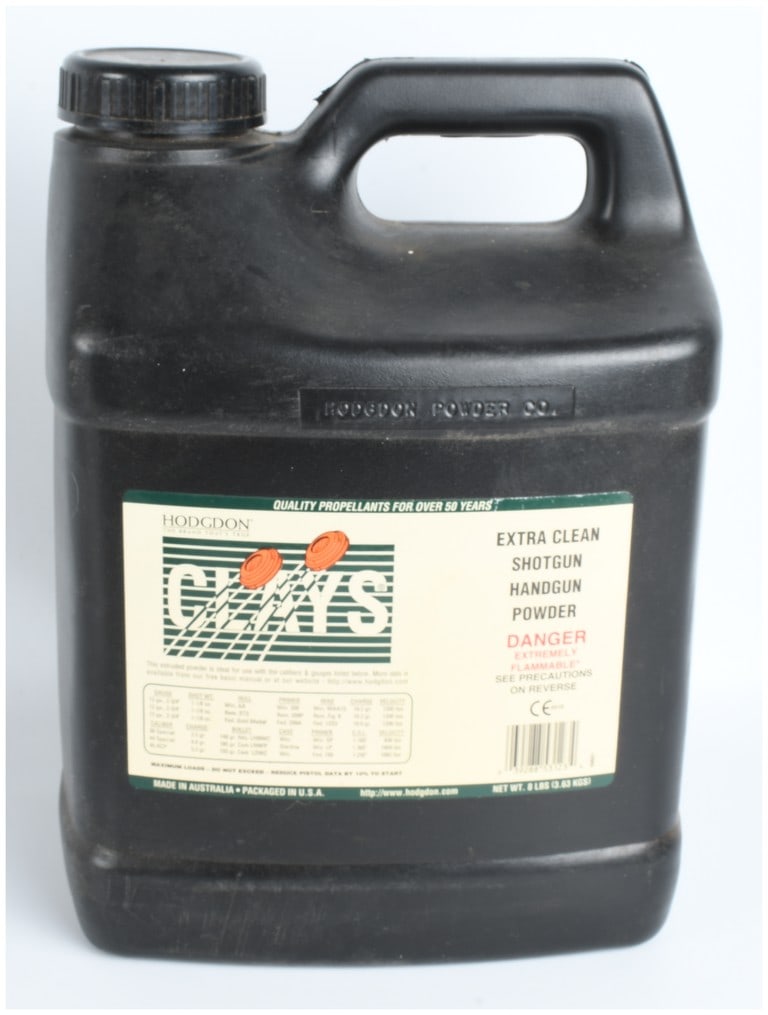 Hodgdon Clays Extra Clean Smokeless Powder 8 Pound Jug: A single eight-pound container of Hodgdon Clays Extra Clean smokeless powder designed for reloading shotgun and handgun cartridges. This extruded propellant is formulated for clean-burning
