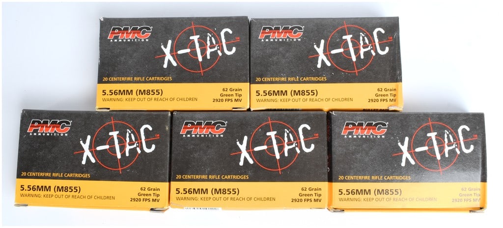 A Lot of 100 Rounds of PMC X-TAC M855 Ammunition 5.56mm NATO: This lot consists of 100 rounds of PMC X-TAC 5.56x45mm NATO centerfire rifle ammunition, organized into five individual boxes of 20 cartridges each. These are M855-specification rounds featuring a