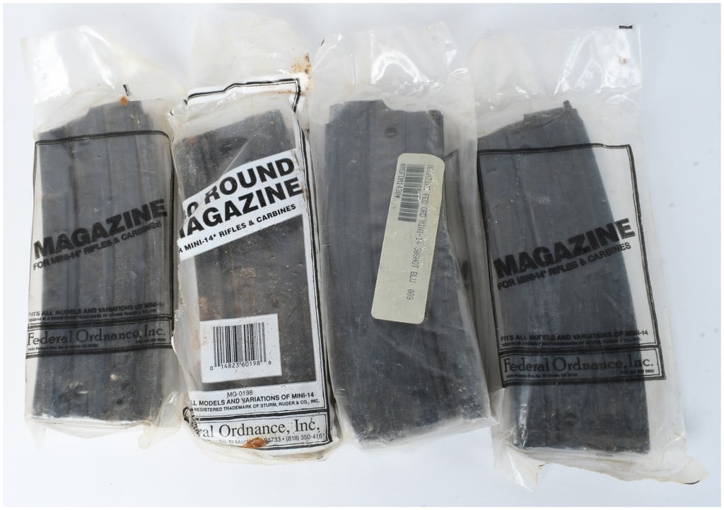 A Collection of 4 Federal Ordnance Model MG-0198 30-Round Magazines for the Ruger Mini-14: This lot consists of a collection of four aftermarket 30-round magazines designed for the Ruger Mini-14 series of rifles and carbines. Manufactured by Federal Ordnance, Inc. of South El Monte,
