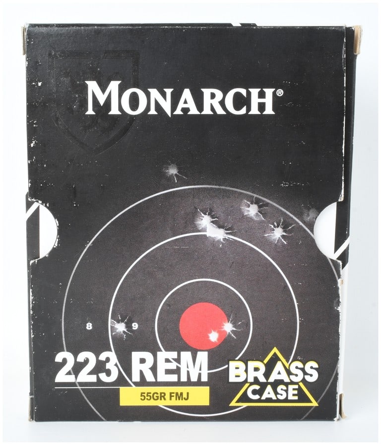 A Lot of 100 Rounds of Monarch .223 Remington 55-Grain FMJ Ammunition: This lot consists of a quantity of 100 rounds of Monarch brand .223 Remington centerfire rifle ammunition. The cartridges feature 55-grain full metal jacket projectiles seated in reloadable brass