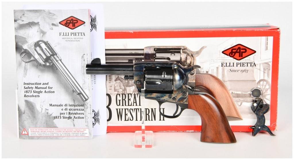 Pietta Great Western II Californian 1873 Single Action Revolver .45 LC with 3.5 Inch Barrel: This lot features a Pietta Great Western II Californian 1873 Single Action Sheriff model revolver chambered in .45 Long Colt. The firearm is configured with a 3.5-inch blued barrel, designed without a