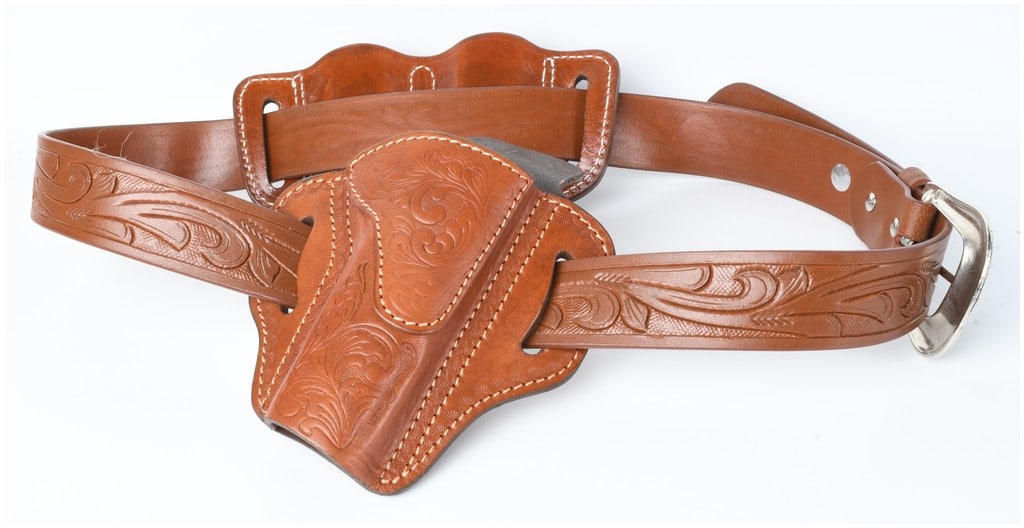 A Trio of Floral-Tooled Leather Holster Rig Components Including a 40" to 44" Size Belt (1 of 4)