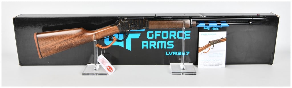 GForce Arms Model LVR357 Lever Action Rifle .357 Magnum with 20 Inch Barrel: This GForce Arms Model LVR357 is a lever-action rifle chambered in .357 Magnum, featuring a 20-inch blued barrel and a matching magazine tube with a 10+1 round capacity. The receiver and large-loop le