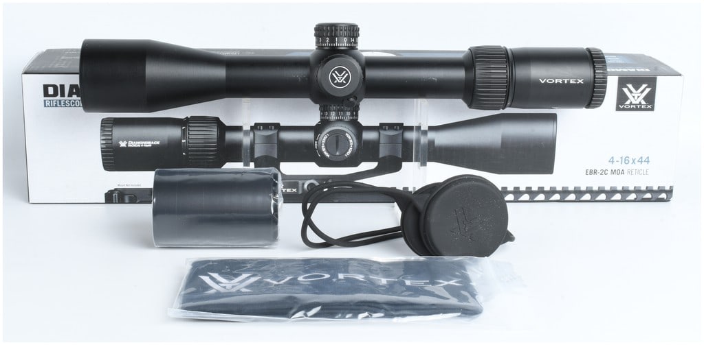 Vortex Diamondback Tactical Riflescope 4-16x44 with EBR-2C MOA Reticle: This Vortex Diamondback Tactical riflescope features a 4-16x magnification range and a 44mm objective lens, designed for precision long-range applications. The optic utilizes a first focal plane EBR-2