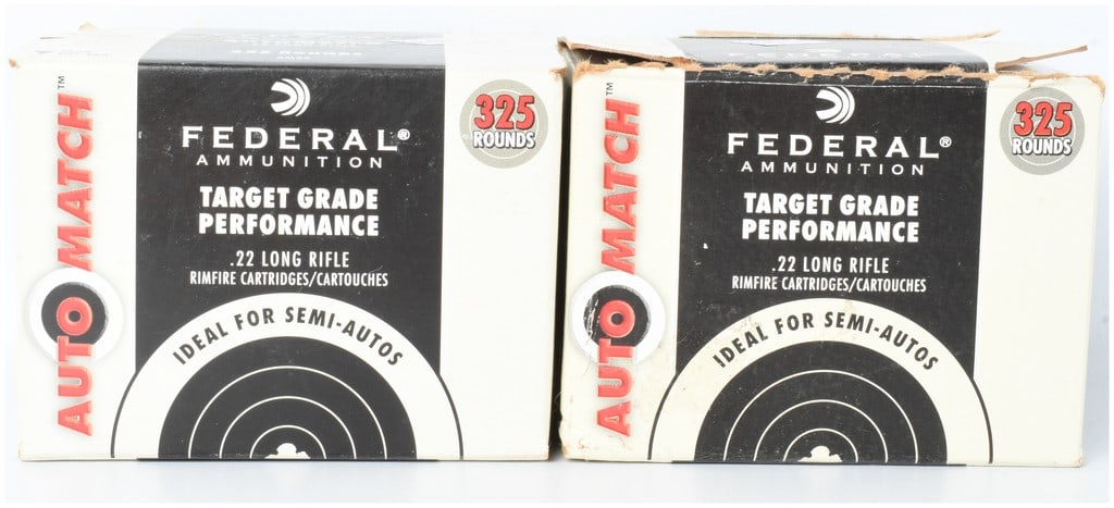 Federal AutoMatch Target Grade Performance Ammunition .22 Long Rifle 650 Rounds: A Lot of 650 Rounds of Federal AutoMatch Target Grade Performance .22 Long Rifle rimfire cartridges, contained in two bulk boxes. These cartridges are specifically optimized for semi-automatic