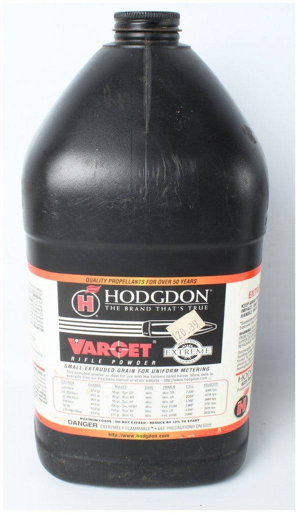 Hodgdon Varget Smokeless Rifle Powder 2 Lbs: One container of Hodgdon Varget smokeless rifle powder, a versatile propellant designed for use in a variety of centerfire rifle cartridges. This lot consists of 2 Lbs of Powder contained within a sin