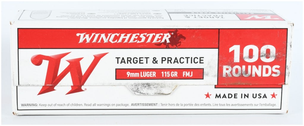 Winchester USA Target and Practice 9mm Luger Ammunition 100 Rounds: One box of Winchester USA Target and Practice ammunition containing 100 rounds of 9mm Luger. This ammunition is loaded with 115-grain Full Metal Jacket bullets and features brass shellcases with moder