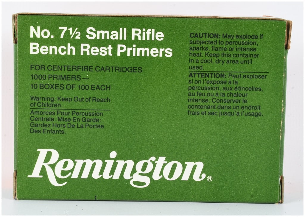 Remington No. 7 1/2 Small Rifle Bench Rest Primers 1000 Count: This lot consists of a 1000 count quantity of Remington No. 7 1/2 Small Rifle Bench Rest Primers intended for centerfire cartridges. The primers are organized into ten individual sub-boxes of 100 unit