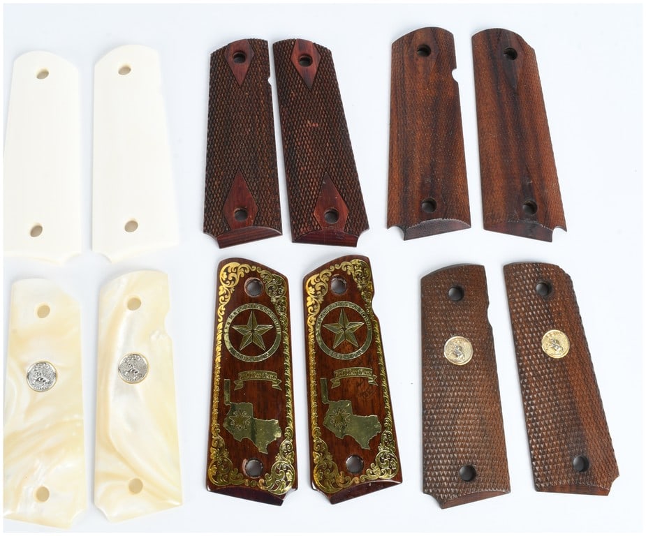 A Collection of 6 Pairs of M1911-Style Semi-Automatic Pistol Grip Panels: This collection consists of 6 pairs of grip panels designed for M1911-style semi-automatic pistols. The lot includes a diverse range of materials and aesthetic treatments. The first row contains a pai