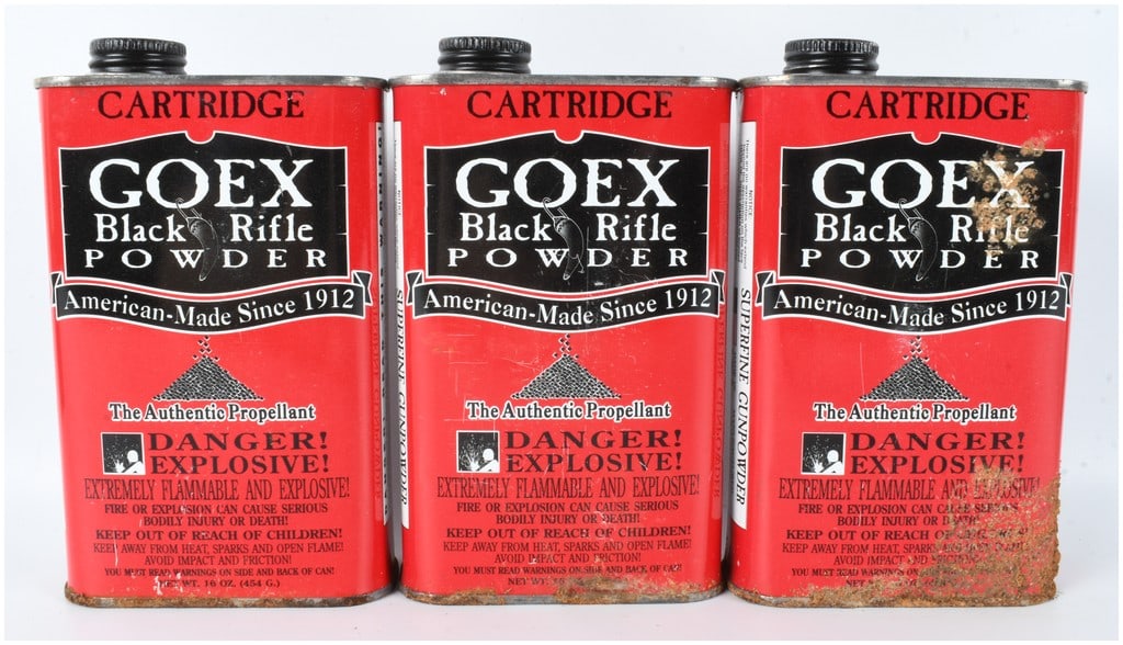 A Trio of GOEX Cartridge Grade Black Rifle Powder Canisters 3 LBS Total: This lot consists of three 16-ounce metal canisters of GOEX black rifle powder, providing 3 LBS Total of propellant. Each rectangular red-painted metal can is designated as Cartridge grade, specifical