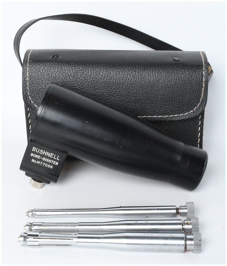 Bushnell Professional Bore-Sighter Kit Model M77056: This Bushnell Professional Bore-Sighter kit, model number M77056, is a precision optical tool designed for the initial alignment of firearm sights with the bore. The kit comprises one optical bore-sig