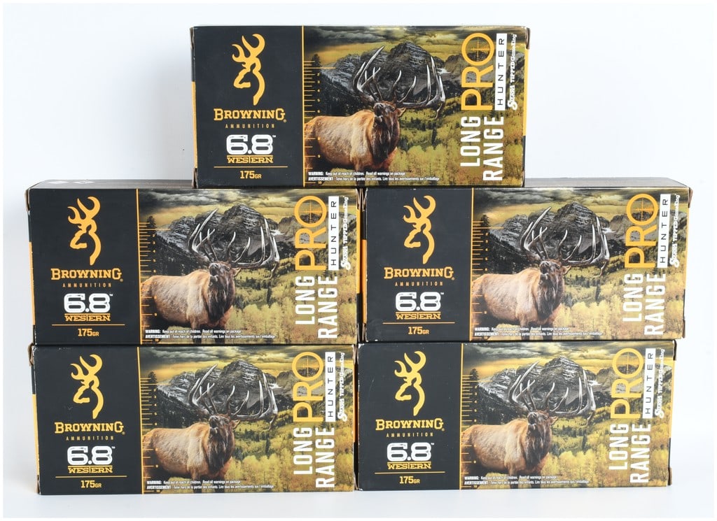 Browning Long Range Pro Hunter Ammunition 6.8 Western: This lot consists of 100 rounds of Browning Long Range Pro Hunter centerfire rifle ammunition in 6.8 Western caliber. These cartridges are equipped with 175-grain Sierra Tipped GameKing projectiles, f