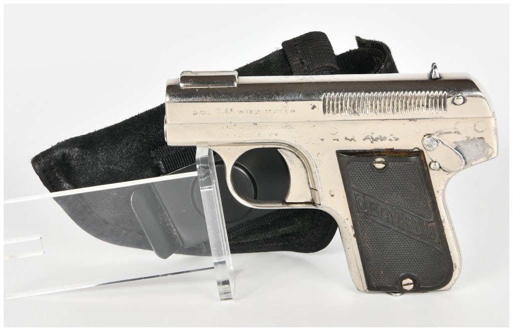 Anciens Etablissements Pieper Bayard Model 1908 Semi-Automatic Pistol 7.65mm: This Belgian-made semi-automatic pocket pistol is chambered for 7.65mm ammunition and features a compact design intended for personal defense. The firearm is equipped with a fixed front blade sight an