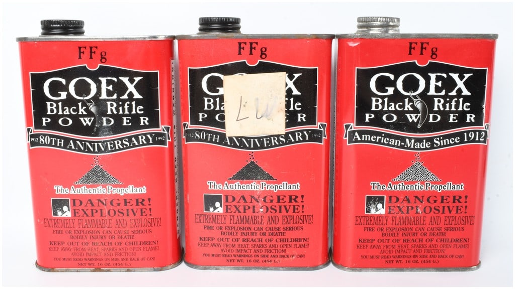 A Trio of GOEX FFg Black Rifle Powder 16 oz Canisters 3lbs Total (1 of 2)