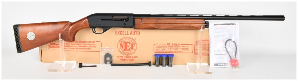New England Firearms Excell Auto Semi-Automatic Shotgun 12-Gauge with 28 Inch Barrel: This New England Firearms (NEF) Excell Auto is a semi-automatic 12-gauge shotgun manufactured by Sarsilmaz in Turkey for H&R 1871, LLC. The firearm features a 28-inch blued barrel with a vented rib an
