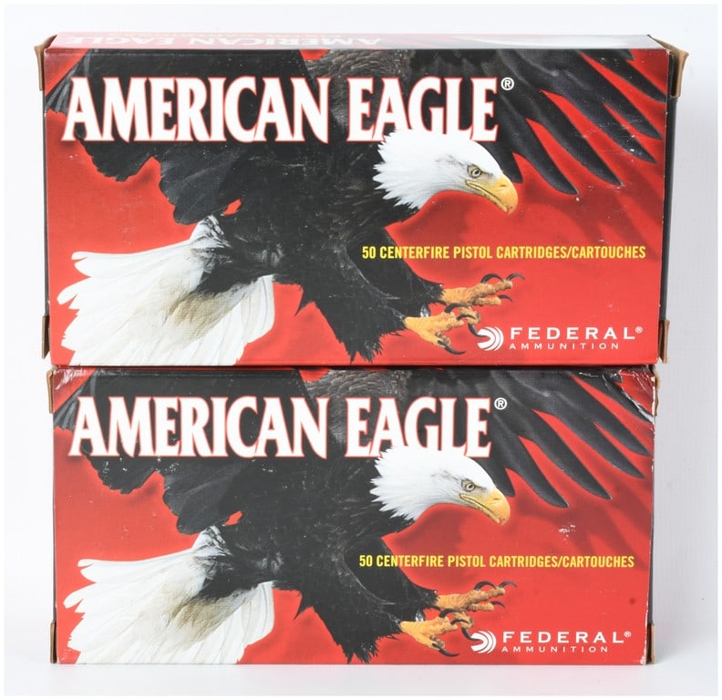 Federal American Eagle Ammunition .40 S&W 100 Rounds: This lot consists of 100 rounds of Federal American Eagle centerfire pistol ammunition chambered in .40 S&W. The collection is comprised of two original factory boxes, each containing 50 cartridges. E