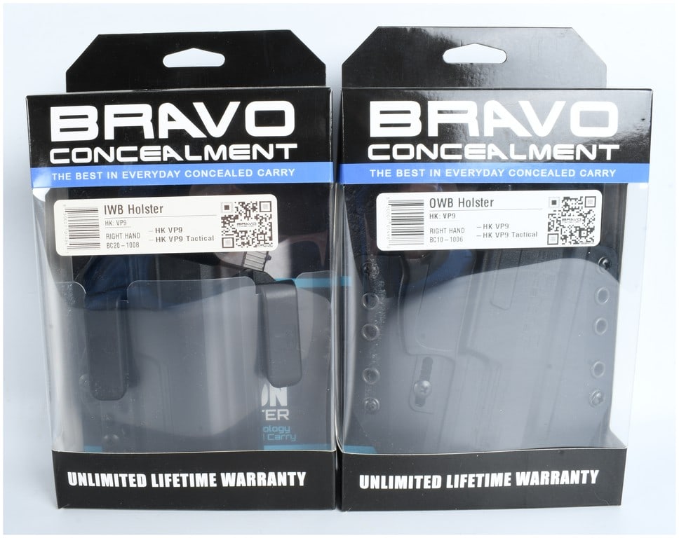 A Pair of Bravo Concealment IWB and OWB Holsters for Heckler and Koch VP9 Series Pistols: This lot consists of a pair of right-handed firearm holsters manufactured by Bravo Concealment of Alamo, Texas, specifically designed for the Heckler and Koch VP9 and VP9 Tactical series of pistols. T