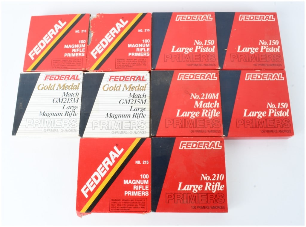 A Lot of 700 Federal Assorted Rifle and Pistol Primers: This lot consists of an assortment of Federal brand primers for ammunition reloading with a total quantity of 700 count. The collection is comprised of ten individual boxes representing various types,