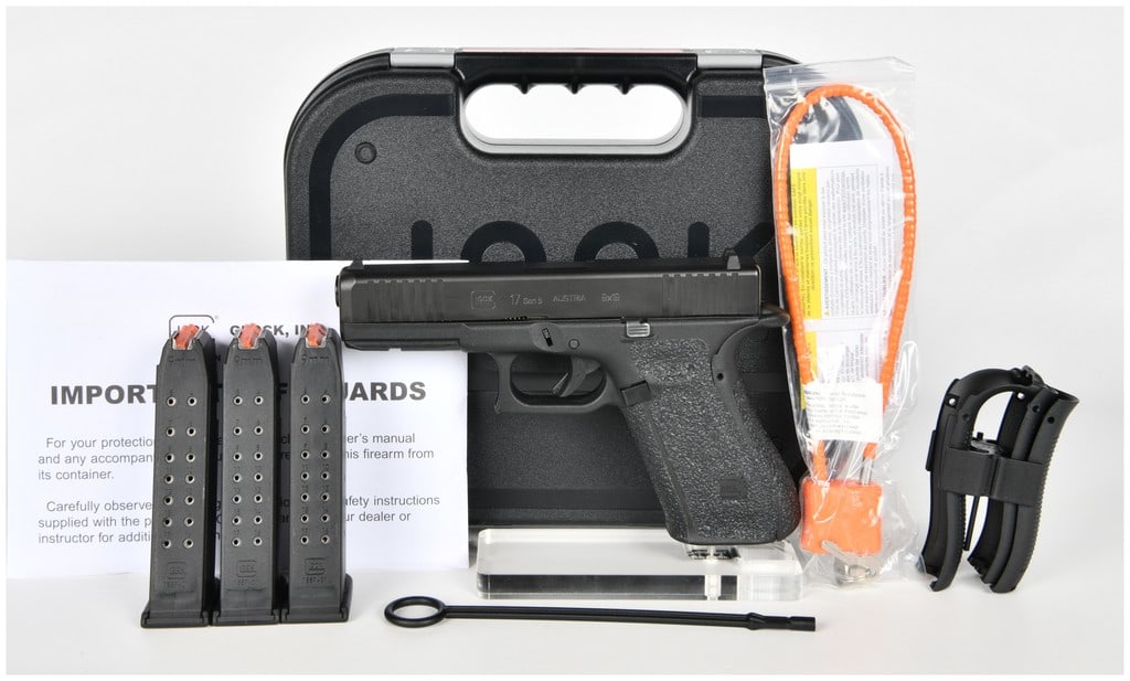 Glock 17 Gen 5 Semi-Automatic Pistol 9mm with 4.49 Inch Barrel: This Glock 17 Gen 5 is a striker-fired semi-automatic pistol chambered in 9x19mm, designed for service and personal defense. It features a 4.49 inch barrel and a slide with a matte black finish. The