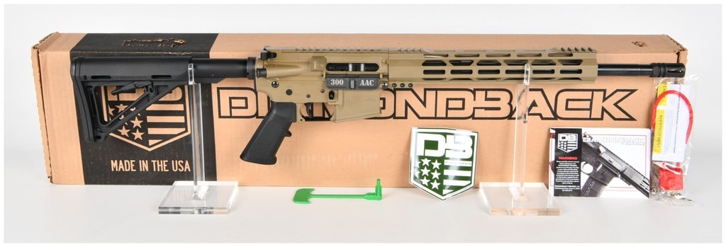 Diamondback Firearms DB15 Semi-Automatic Rifle .300 Blackout with 16 Inch Barrel: This Diamondback Firearms DB15 is a semi-automatic rifle chambered in .300 Blackout, featuring a contemporary two-tone aesthetic with Flat Dark Earth and black components. The rifle is equipped with