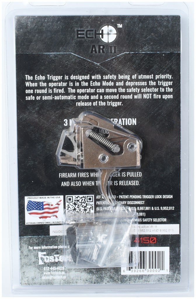 FosTech Echo AR II Binary Trigger Assembly: This FosTech Echo AR II trigger assembly is a drop-in binary trigger system designed for the AR-15 platform, offering three distinct modes of operation including safe, semi-automatic, and echo mode. I