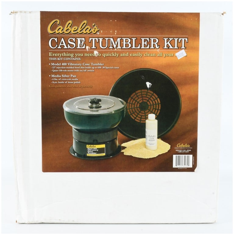 Cabela's Model 400 Vibratory Case Tumbler Kit: This is a Cabela's Model 400 Vibratory Case Tumbler Kit, manufactured in Sidney, Nebraska, USA. The kit is designed for cleaning and polishing brass ammunition cartridge cases. The item is contained