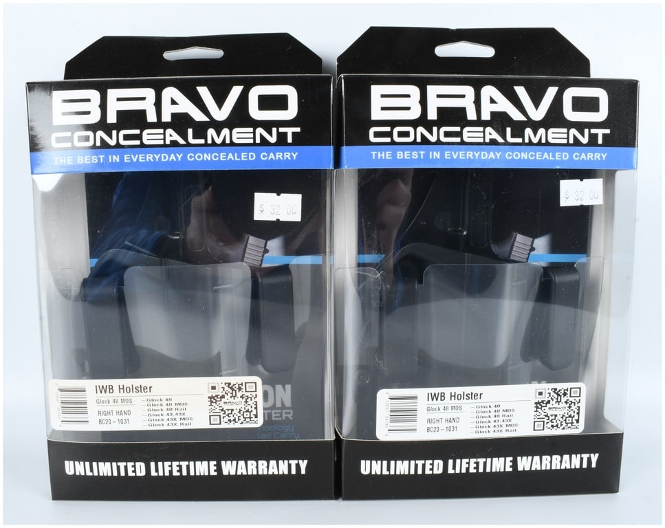A Pair of Bravo Concealment BC20-1031 IWB Holsters for Glock 43 and 48 Series: This lot consists of a pair of Bravo Concealment Inside the Waistband (IWB) holsters, model BC20-1031, configured for right-hand carry. Each holster is manufactured from a black high-impact polymer