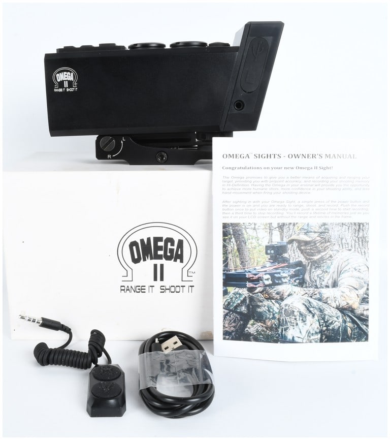 Omega Sights Omega II Digital Rangefinding Sight with Integrated Video Camera: An Omega II digital rangefinding sight manufactured by Omega Sights. This optical accessory is designed for use with rifles, pistols, or crossbows and features an integrated laser rangefinder and HD