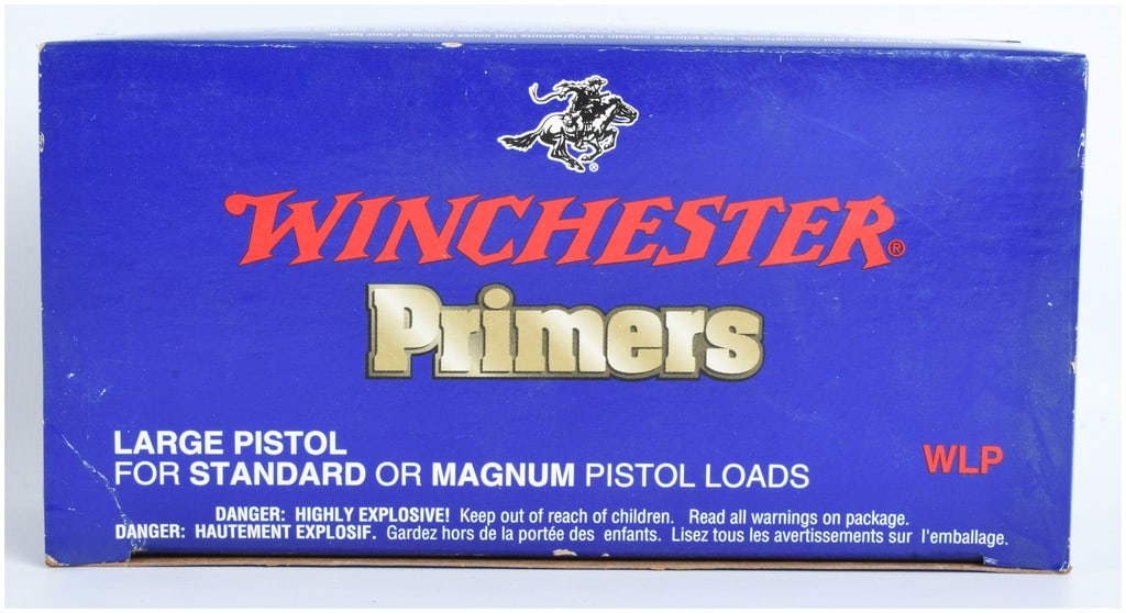 1000 Winchester Large Pistol Primers (WLP): This lot consists of 1000 Winchester Large Pistol (WLP) primers, designed for use in both standard and magnum pistol loads. The primers are housed in their original blue cardboard outer packaging, whi