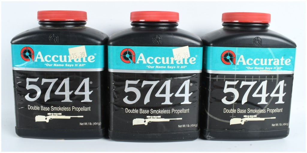 A Trio of Accurate 5744 Double Base Smokeless Propellant 1 Pound Bottles with 2 Lbs Of Powder Total (1 of 2)