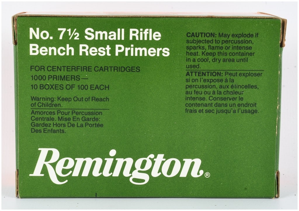 Remington No. 7 1/2 Small Rifle Bench Rest Primers 1000 Count: This lot consists of a bulk quantity of Remington No. 7 1/2 Small Rifle Bench Rest Primers designed for use in centerfire cartridges. The collection includes a total of 1,000 primers, originally packa