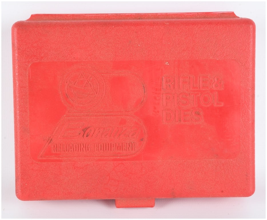 Forster Bonanza Bench Rest Three Piece Reloading Die Set .308 Winchester: A three piece reloading die set manufactured by Forster/Bonanza, specifically designed for the .308 Winchester National Match cartridge. The set is housed in a red textured plastic case featuring the