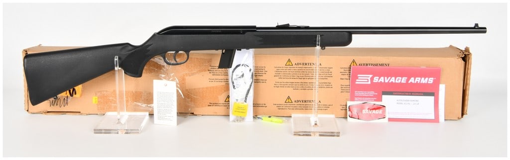 Savage Arms Model 64 Semi-Automatic Rifle .22 LR: This Savage Arms Model 64 is a semi-automatic rimfire rifle chambered in .22 Long Rifle and is presented in brand new condition. The firearm features a matte blued finish on the barrel and receiver, c