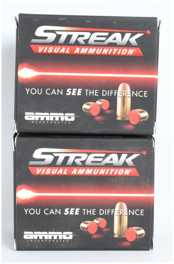 Ammo Inc. Streak Visual Ammunition 9mm Luger 40 Rounds: This lot consists of forty rounds of Ammo Incorporated Streak brand visual ammunition chambered in 9mm Luger. These cartridges utilize a 115-grain Total Metal Case bullet featuring non-incendiary red