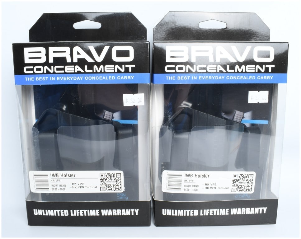 A Pair of Bravo Concealment IWB Holsters for Heckler & Koch VP9 and VP9 Tactical: This lot consists of a pair of Bravo Concealment Inside the Waistband (IWB) holsters specifically configured for right-handed use with Heckler & Koch VP9 and HK VP9 Tactical pistol models. Each holste