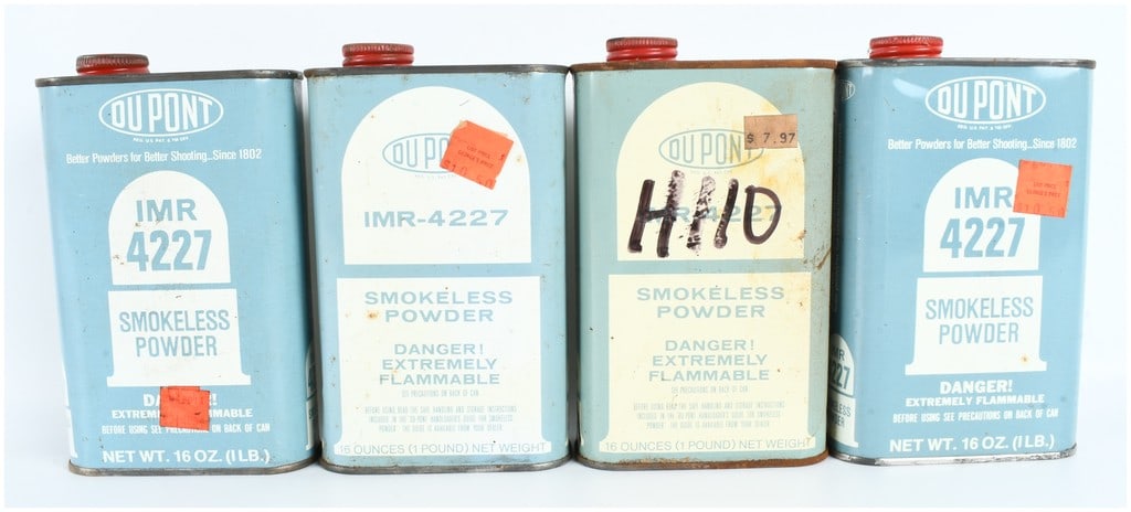 A Set of 4 Vintage DuPont IMR 4227 Smokeless Powder Tin Containers 4 Lbs Total (1 of 9)