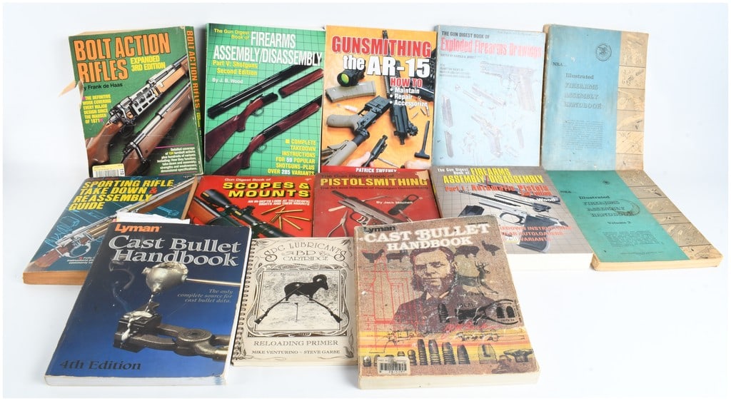A Collection of Firearms Maintenance, Gunsmithing, and Reloading Reference Volumes. Various: This collection consists of several softcover and spiral-bound volumes focused on firearms maintenance, gunsmithing, assembly, and ammunition reloading. The group includes various reference guides, pr