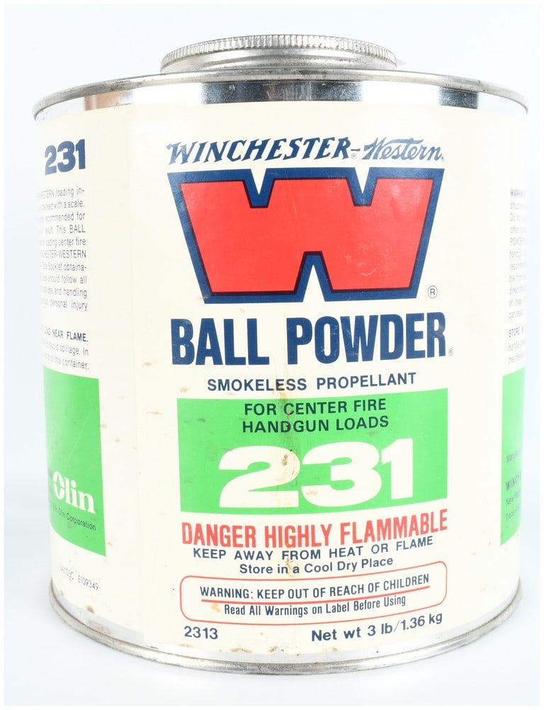 Winchester-Western 231 Ball Powder Smokeless Propellant 3 Pound Canister: This is a three-pound metal canister of Winchester-Western 231 Ball Powder smokeless propellant, specifically formulated for reloading centerfire handgun cartridges. The container was produced by the