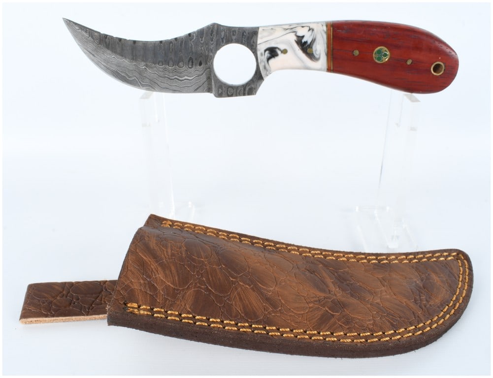 Damascus Steel Trailing Point Skinner Knife with Two-Tone Composite Handle and Leather Sheath (1 of 6)