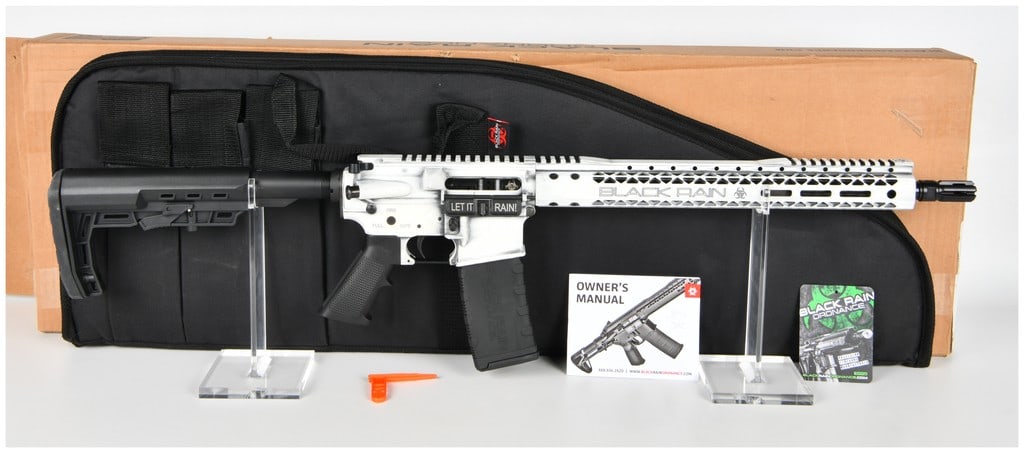 Black Rain Ordnance Spec 15 Semi-Automatic Rifle 5.56mm with 16 Inch Barrel: This semi-automatic rifle is chambered in 5.56mm and features a 16-inch barrel equipped with a black flash hider. The firearm is built with a factory-distressed white and black Battle Worn finish on t