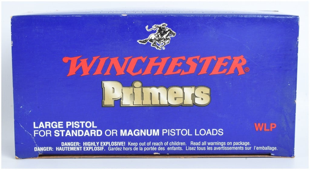 1000 Winchester Large Pistol Primers (WLP): A lot of 1000 Winchester Large Pistol (WLP) primers designed for use as reloading components in both standard and magnum pistol loads. The brass-colored primers are housed in plastic trays within the